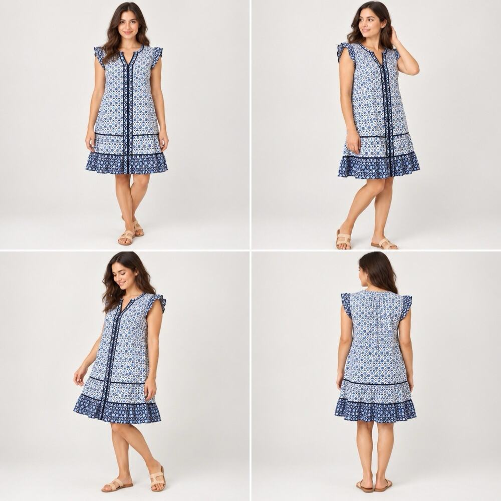 LOFT Dress Womens Medium Petite Blue White Floral Flutter Sleeve Tiered Boho